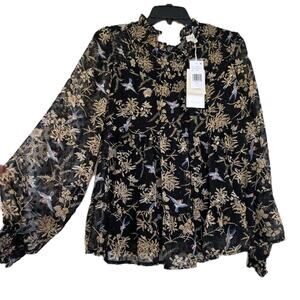 Greige Boho Blouse L Peasant Top Baloon Sleeve Mock Neck Bird Print Festival